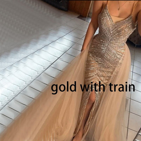 Gold Backless Mermaid Sexy Evening Dresses 2025 Dubai Crystal Beading Luxury Formal Dress Design LA70165