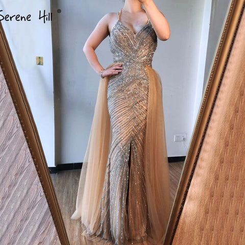Gold Backless Mermaid Sexy Evening Dresses 2025 Dubai Crystal Beading Luxury Formal Dress Design LA70165