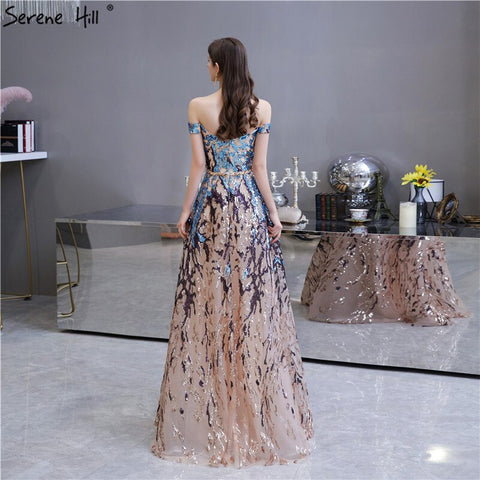 Gold Blue Sequins Sleeveless Sexy Evening Dresses 2025 Off Shoulder Sparkle A-Line Formal Dress LA70373