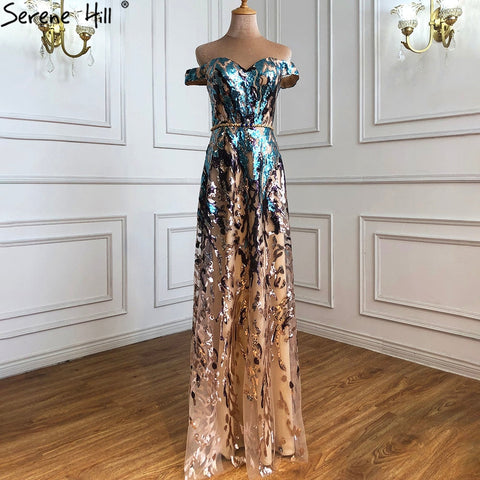 Gold Blue Sequins Sleeveless Sexy Evening Dresses 2025 Off Shoulder Sparkle A-Line Formal Dress LA70373