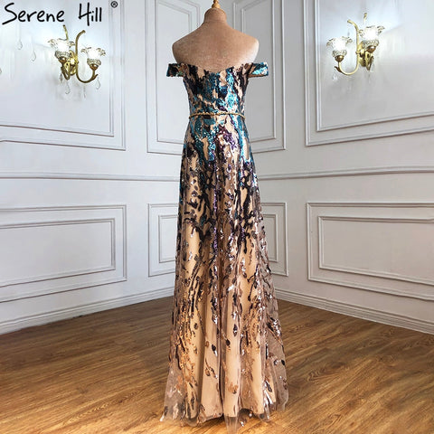 Gold Blue Sequins Sleeveless Sexy Evening Dresses 2025 Off Shoulder Sparkle A-Line Formal Dress LA70373