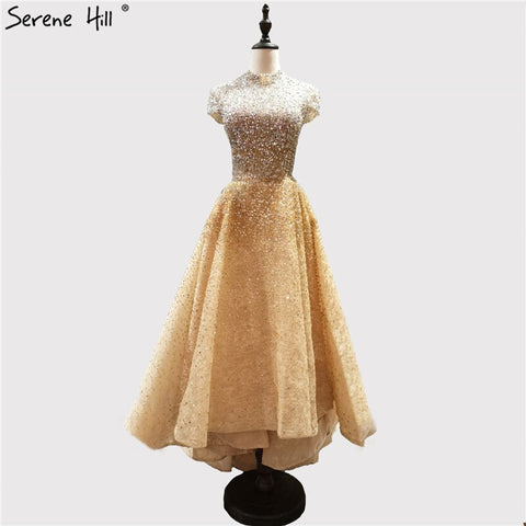 Gold High Neck Luxury Asymmetrical Evening Dresses 2025 Beading Sequined Sleeveless Evening Gowns LA60757