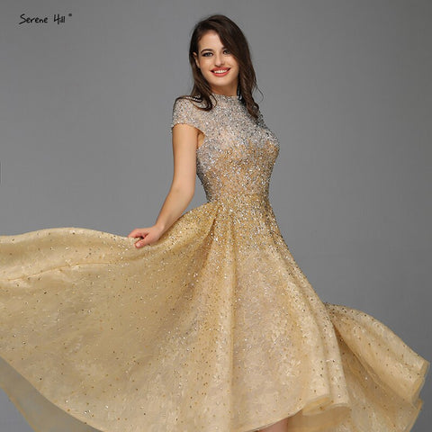 Gold High Neck Luxury Asymmetrical Evening Dresses 2025 Beading Sequined Sleeveless Evening Gowns LA60757