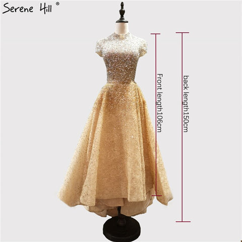 Gold High Neck Luxury Asymmetrical Evening Dresses 2025 Beading Sequined Sleeveless Evening Gowns LA60757