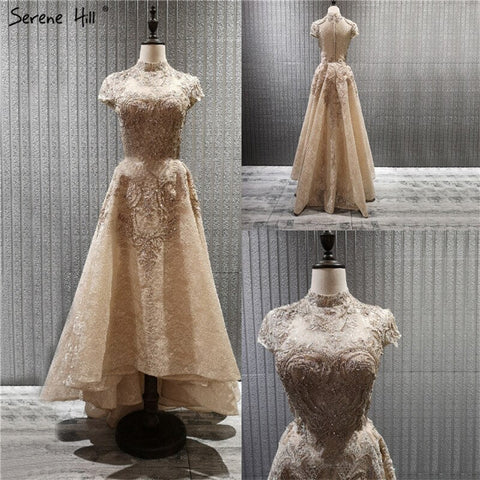 Gold High Neck Luxury Asymmetrical Evening Dresses 2025 Cap Sleeve Lace Beading Evening Gowns LA70227