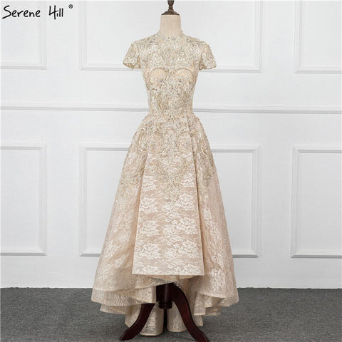 Gold High Neck Luxury Asymmetrical Evening Dresses 2025 Cap Sleeve Lace Beading Evening Gowns LA70227