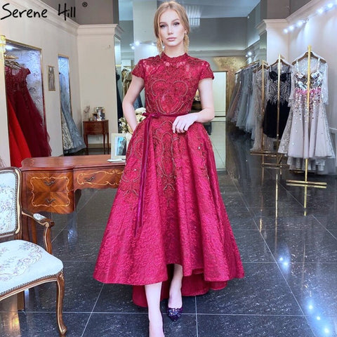 Gold High Neck Luxury Asymmetrical Evening Dresses 2025 Cap Sleeve Lace Beading Evening Gowns LA70227