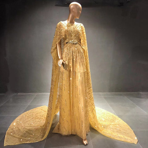 Gold Luxury A-Line Evening Dresses Gowns 2025 Beaded Elegant Cape Sleeves For Women Party LA71502