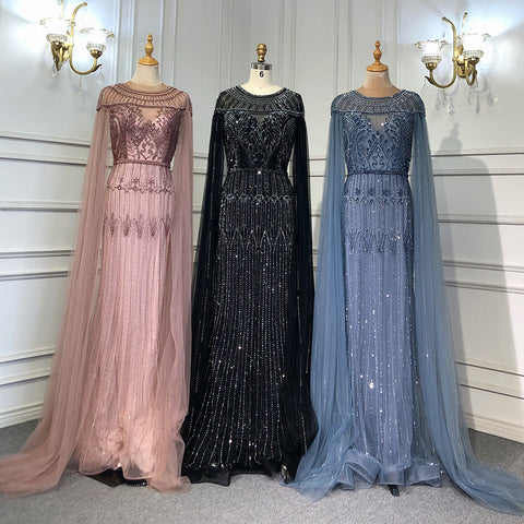 Gold Luxury Arabic Cape Sleeves Evening Dresses Gowns 2025 Beaded Mermaid For Women Party LA71620