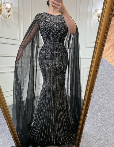 Gold Luxury Arabic Cape Sleeves Evening Dresses Gowns 2025 Beaded Mermaid For Women Party LA71620