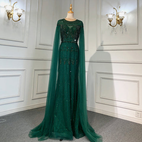 Gold Luxury Arabic Cape Sleeves Evening Dresses Gowns 2025 Beaded Mermaid For Women Party LA71620