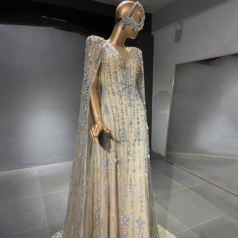 Gold Luxury Cape Sleeve Evening Dresses Gowns 2025 Beaded A-Line High-end For Women Party LA71463A