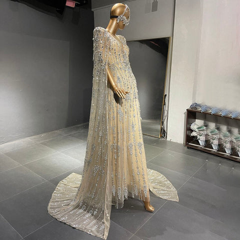 Gold Luxury Cape Sleeve Evening Dresses Gowns 2025 Beaded A-Line High-end For Women Party LA71463A
