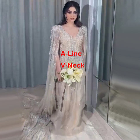 Gold Luxury Cape Sleeve Evening Dresses Gowns 2025 Beaded A-Line High-end For Women Party LA71463A