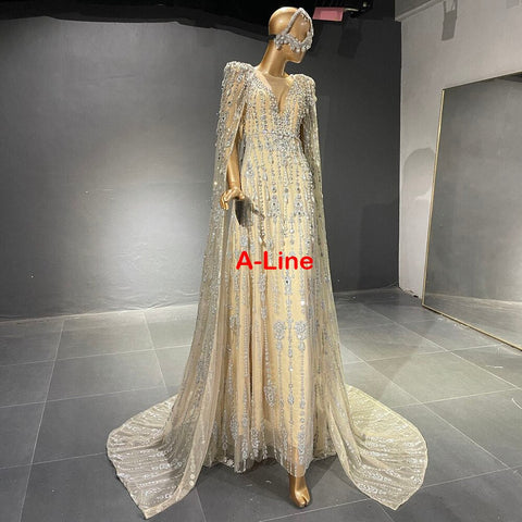 Gold Luxury Cape Sleeve Evening Dresses Gowns 2025 Beaded A-Line High-end For Women Party LA71463A