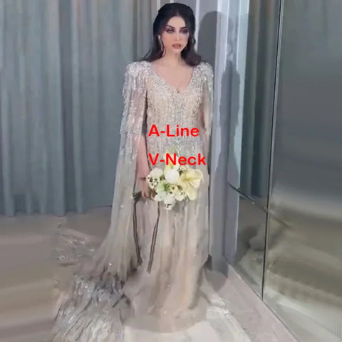 Gold Luxury Cape Sleeve Evening Dresses Gowns 2025 Beaded A-Line High-end For Women Party Couture LA71463A