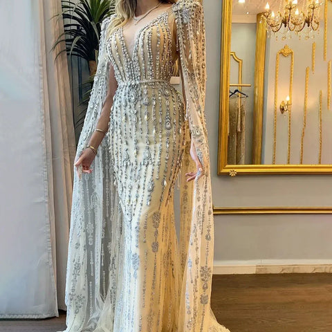 Gold Luxury Cape Sleeve Evening Dresses Gowns 2025 Beaded A-Line High-end For Women Party Couture LA71463