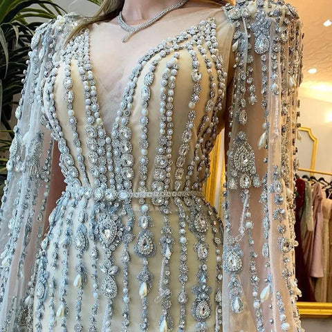 Gold Luxury Cape Sleeve Evening Dresses Gowns 2025 Beaded A-Line High-end For Women Party Couture LA71463