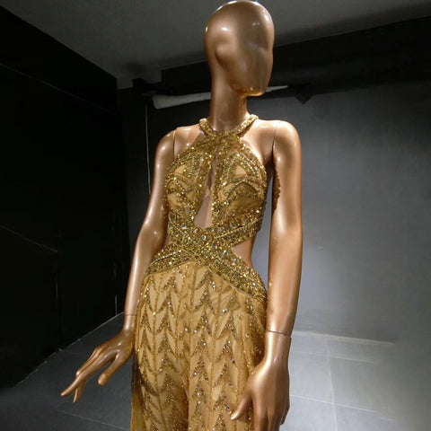 Gold Luxury Jumpsuit Evening Dresses Gowns 2025 Beaded Sexy Overskirt For Women Party LA71505