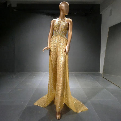 Gold Luxury Jumpsuit Evening Dresses Gowns 2025 Beaded Sexy Overskirt For Women Party LA71505