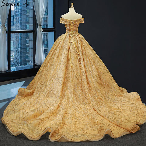 Gold Luxury Off Shoulder Sexy Wedding Dresses 2025 Latest Design Handmade Flowers Beading Bridal Gowns HM66844 Custom Made