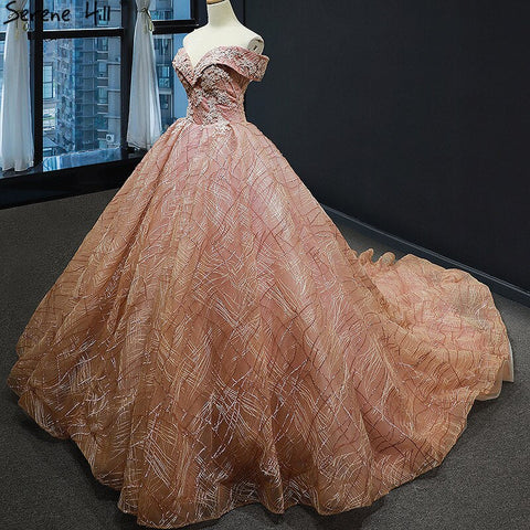 Gold Luxury Off Shoulder Sexy Wedding Dresses 2025 Latest Design Handmade Flowers Beading Bridal Gowns HM66844 Custom Made