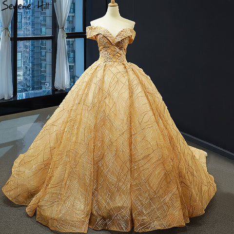 Gold Luxury Off Shoulder Sexy Wedding Dresses 2025 Latest Design Handmade Flowers Beading Bridal Gowns HM66844 Custom Made