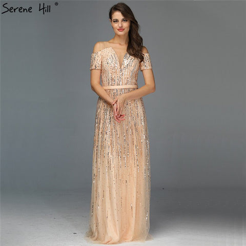 Sale Gold Luxury Sexy V-Neck Evening Dressese 2025 Short Sleeve Beading Sequined A-Line Evening Gowns LA70151
