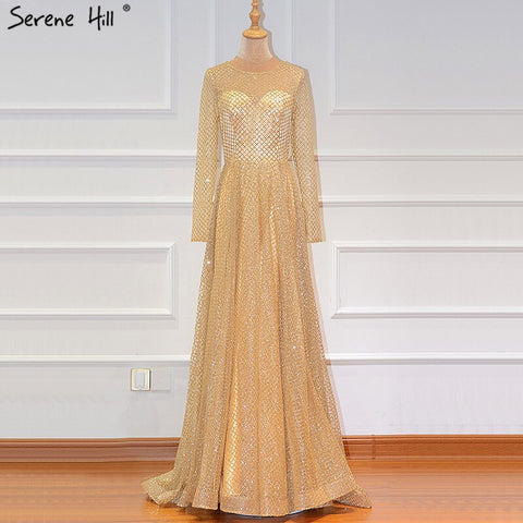 On Sale No Return No Refund Sale Gold Muslim Long Sleeves A-Line Evening Dresses 2025 O-Neck Luxury Glitte Formal Dress Real Photo LA60942