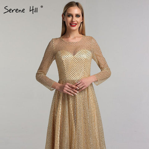 On Sale No Return No Refund Sale Gold Muslim Long Sleeves A-Line Evening Dresses 2025 O-Neck Luxury Glitte Formal Dress Real Photo LA60942