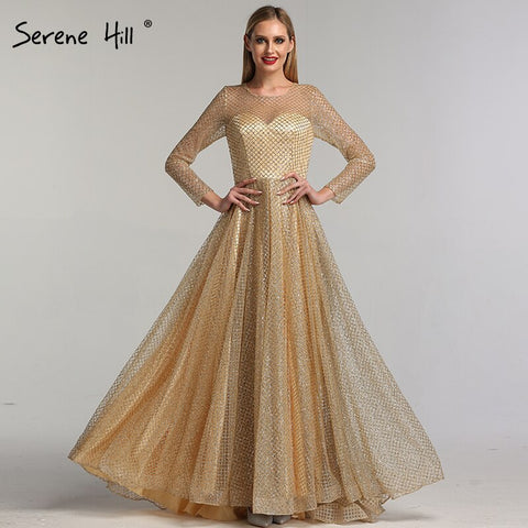 On Sale No Return No Refund Sale Gold Muslim Long Sleeves A-Line Evening Dresses 2025 O-Neck Luxury Glitte Formal Dress Real Photo LA60942