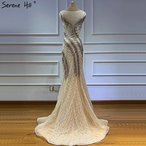 On Sale No Return No Refund Sale Gold O-Neck Luxury Dubai Design Evening Dresses 2025 Lace Pearls Crystal Mermaid Formal Dress LA60897