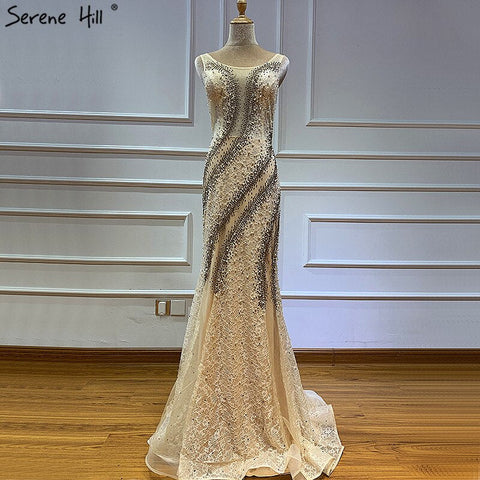On Sale No Return No Refund Sale Gold O-Neck Luxury Dubai Design Evening Dresses 2025 Lace Pearls Crystal Mermaid Formal Dress LA60897