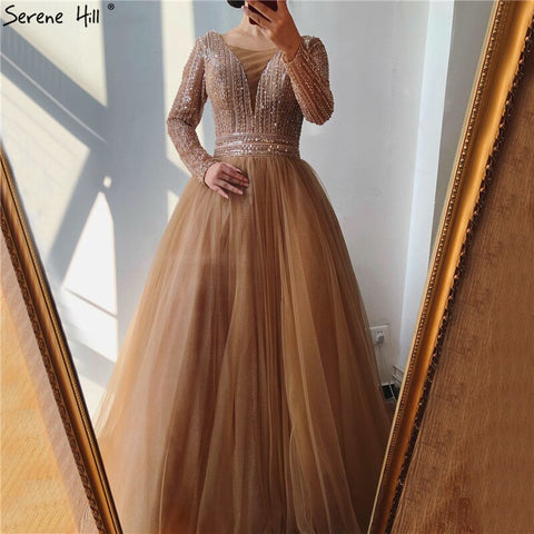 Gold O-Neck Sequins Beading A-Line Evening Dresses Design 2025 Long Sleeves Lace Up Formal Dress LA70237