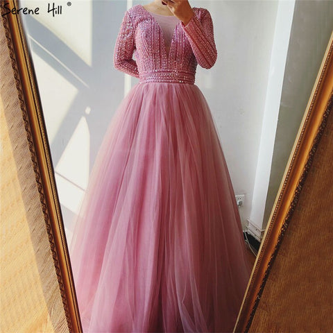 Gold O-Neck Sequins Beading A-Line Evening Dresses Design 2025 Long Sleeves Lace Up Formal Dress LA70237