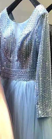 Gold O-Neck Sequins Beading A-Line Evening Dresses Design 2025 Long Sleeves Lace Up Formal Dress LA70237