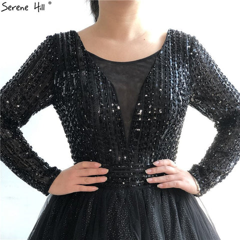Gold O-Neck Sequins Beading A-Line Evening Dresses Design 2025 Long Sleeves Lace Up Formal Dress LA70237