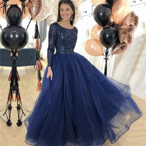 Gold O-Neck Sequins Beading A-Line Evening Dresses Design 2025 Long Sleeves Lace Up Formal Dress LA70237