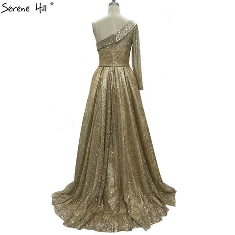 On Sale no return no refundSale Gold One Shoulder Sexy Dubai Evening Dresses 2025 Long Sleeves Luxury Sparkle A-Line Formal Dress LA70329
