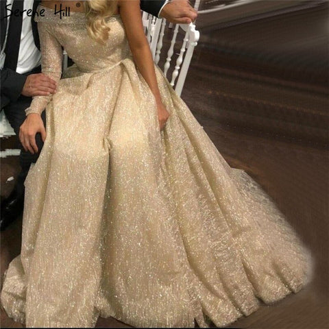 On Sale no return no refundSale Gold One Shoulder Sexy Dubai Evening Dresses 2025 Long Sleeves Luxury Sparkle A-Line Formal Dress LA70329