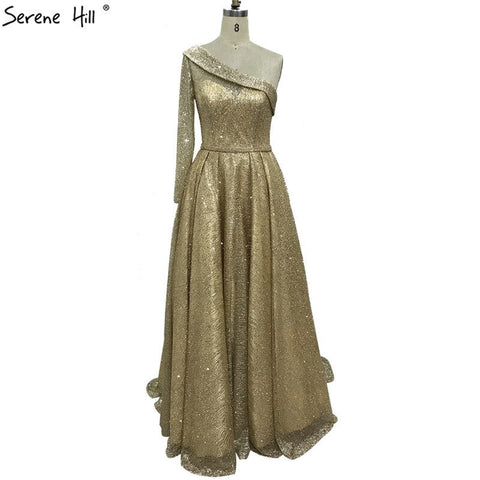On Sale no return no refundSale Gold One Shoulder Sexy Dubai Evening Dresses 2025 Long Sleeves Luxury Sparkle A-Line Formal Dress LA70329