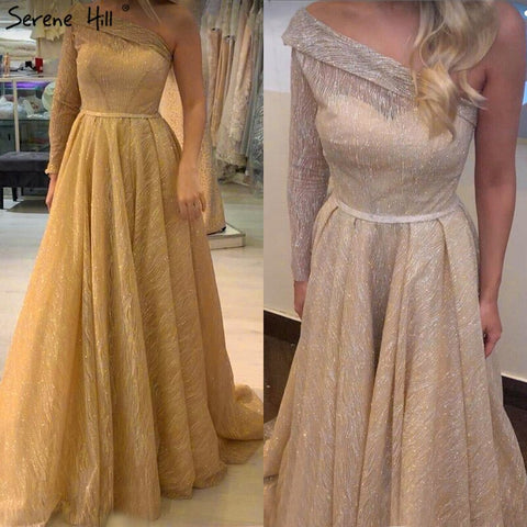 On Sale no return no refundSale Gold One Shoulder Sexy Dubai Evening Dresses 2025 Long Sleeves Luxury Sparkle A-Line Formal Dress LA70329