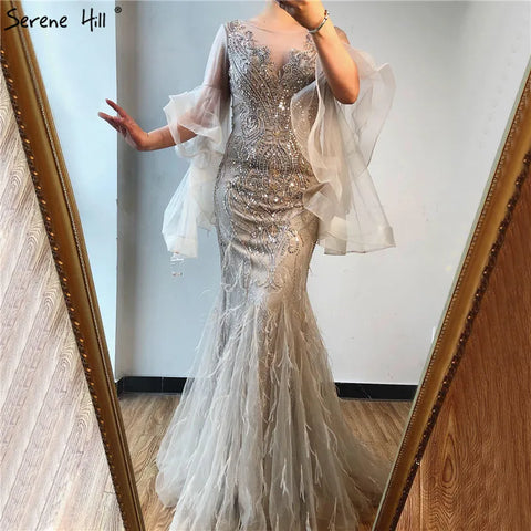 Gold Petal Long Sleeve Mermaid Evening Dresses 2025 Luxury Sparkl Sequins Beaded Sexy Formal Dress LA70410