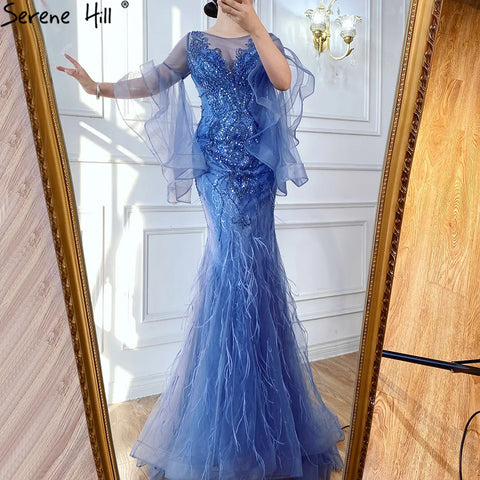 Gold Petal Long Sleeve Mermaid Evening Dresses 2025 Luxury Sparkl Sequins Beaded Sexy Formal Dress LA70410