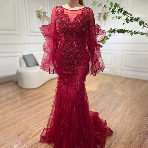 Gold Petal Long Sleeve Mermaid Evening Dresses 2025 Luxury Sparkl Sequins Beaded Sexy Formal Dress LA70410