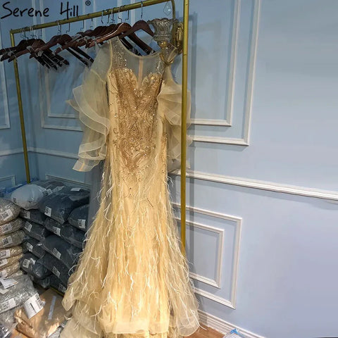 Gold Petal Long Sleeve Mermaid Evening Dresses 2025 Luxury Sparkl Sequins Beaded Sexy Formal Dress LA70410