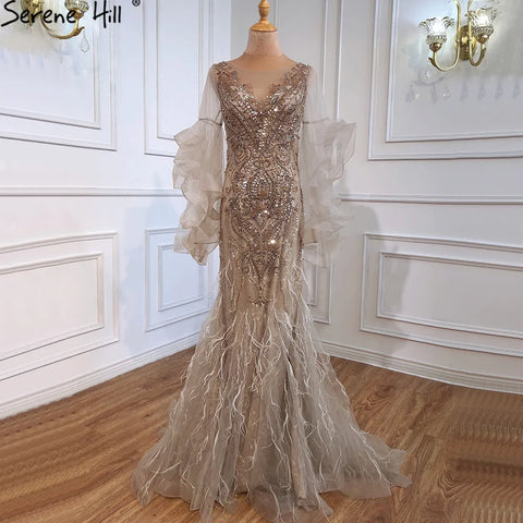 Gold Petal Long Sleeve Mermaid Evening Dresses 2025 Luxury Sparkl Sequins Beaded Sexy Formal Dress LA70410