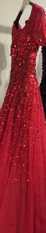 Gold Short Sleeves Beading Luxury Evening Dresses Gowns 2025 A-Line Lace Up For Women Party Design LA70464