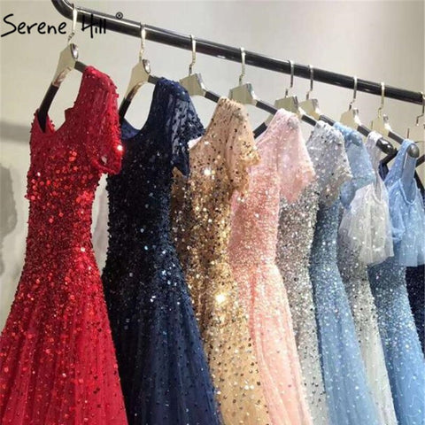 Gold Short Sleeves Beading Luxury Evening Dresses Gowns 2025 A-Line Lace Up For Women Party Design LA70464