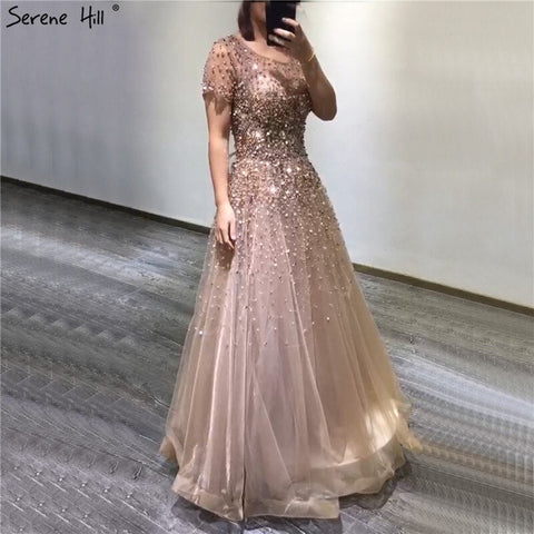Gold Short Sleeves Beading Luxury Evening Dresses Gowns 2025 A-Line Lace Up For Women Party Design LA70464